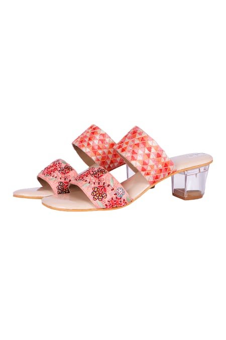 Shop_Fuchsia by aashaka mehta_Peach Embroidery Floral Paradise Strap Heels _at_Aza_Fashions