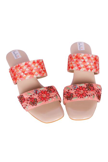 Shop_Fuchsia by aashaka mehta_Peach Embroidery Floral Paradise Strap Heels _Online_at_Aza_Fashions