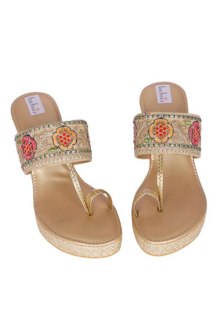 Fuchsia by aashaka mehta_Gold Embroidery Floral Elegance Kolhapuri Wedges _at_Aza_Fashions