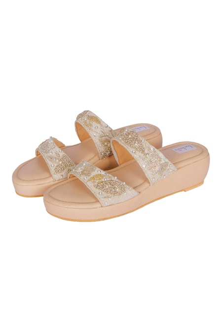 Shop_Fuchsia by aashaka mehta_Gold Embroidery, Beads Feshive Fusion Zardozi Slider Wedges _at_Aza_Fashions