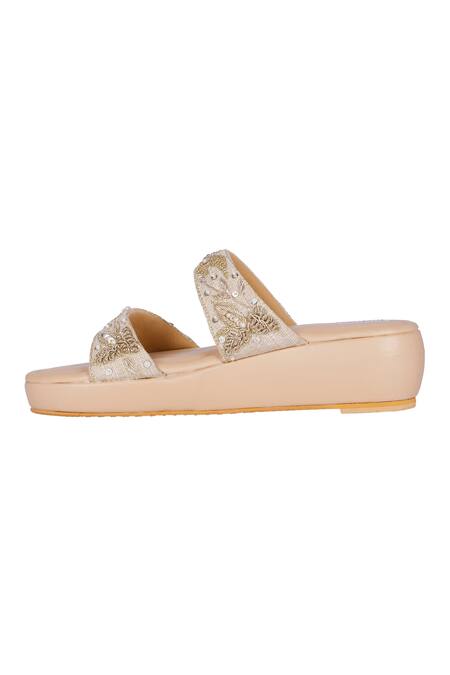 Buy_Fuchsia by aashaka mehta_Gold Embroidery, Beads Feshive Fusion Zardozi Slider Wedges _Online_at_Aza_Fashions