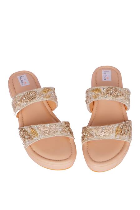 Shop_Fuchsia by aashaka mehta_Gold Embroidery, Beads Feshive Fusion Zardozi Slider Wedges _Online_at_Aza_Fashions