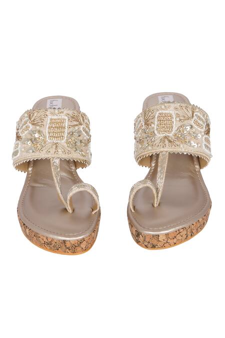 Fuchsia by aashaka mehta_Gold Embroidery, Sequins Glam Zardozi Kolhapuri Wedges _Online_at_Aza_Fashions