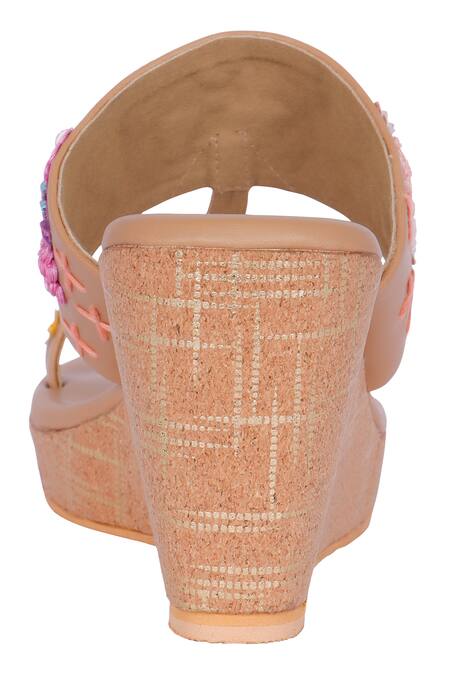 Fuchsia by aashaka mehta_Brown Embroidery, Sequins Bohemian Bloom Kolhapuri Wedges _Online_at_Aza_Fashions