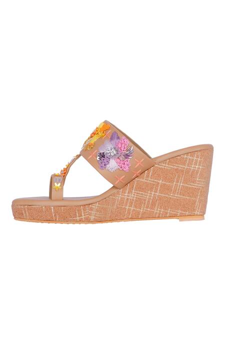 Buy_Fuchsia by aashaka mehta_Brown Embroidery, Sequins Bohemian Bloom Kolhapuri Wedges _Online_at_Aza_Fashions