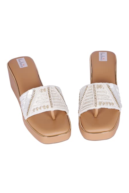 Shop_Fuchsia by aashaka mehta_White Whisper Pearl Embellished Slider Wedges _at_Aza_Fashions