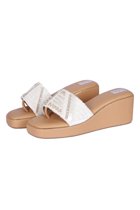 Shop_Fuchsia by aashaka mehta_White Whisper Pearl Embellished Slider Wedges _Online_at_Aza_Fashions