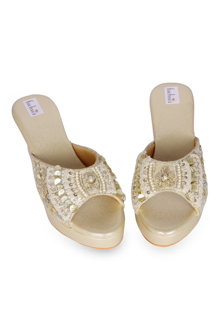Shop_Fuchsia by aashaka mehta_Gold Embroidery, Sequins Eclectic Elegance Zardozi Wedges _at_Aza_Fashions