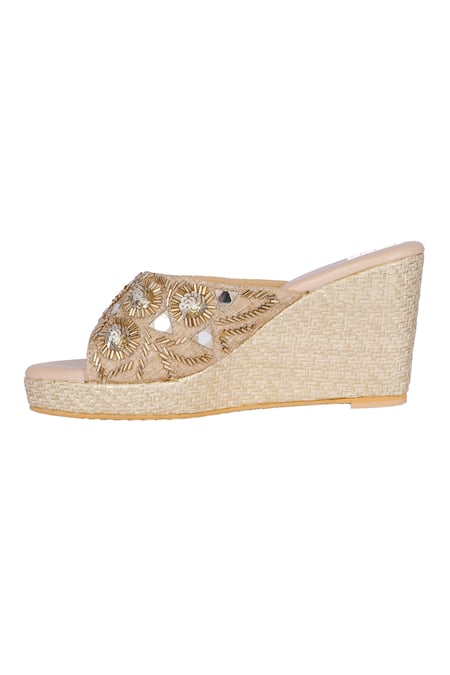 Buy_Fuchsia by aashaka mehta_Gold Crystals, Sequins Mirror Magic Slider Wedges _Online_at_Aza_Fashions
