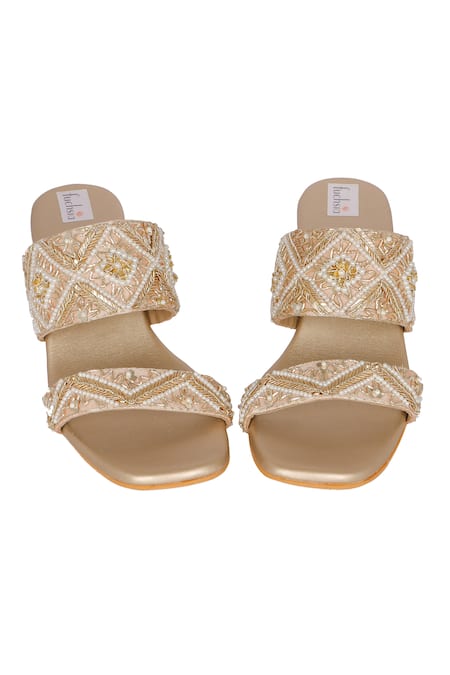 Shop_Fuchsia by aashaka mehta_Gold Embroidery, Sequins Zardozi Strap Heel _at_Aza_Fashions