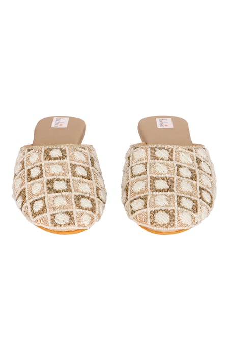 Shop_Fuchsia by aashaka mehta_Gold Checkered Pearl Embellished Mojdi _at_Aza_Fashions