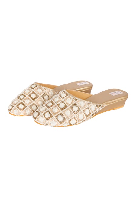 Shop_Fuchsia by aashaka mehta_Gold Checkered Pearl Embellished Mojdi _Online_at_Aza_Fashions