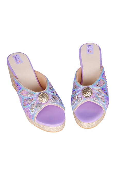 Shop_Fuchsia by aashaka mehta_Gold Embroidery, Beads Pastel Dreams Embellished Heels _at_Aza_Fashions