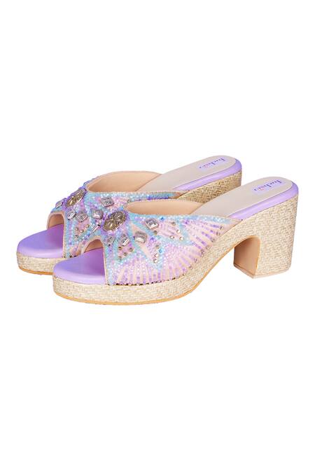 Shop_Fuchsia by aashaka mehta_Gold Embroidery, Beads Pastel Dreams Embellished Heels _Online_at_Aza_Fashions