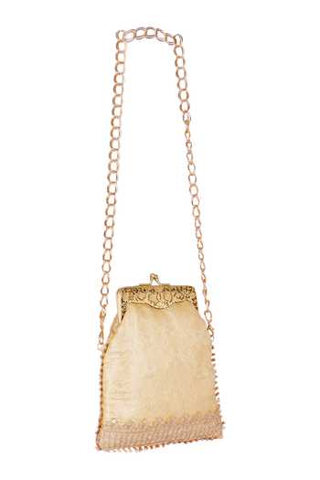 Fuchsia by aashaka mehta_Gold Embroidery, Lace Silk Floral Woven Vintage Clutch _Online_at_Aza_Fashions