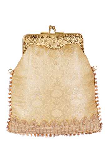 Shop_Fuchsia by aashaka mehta_Gold Embroidery, Lace Silk Floral Woven Vintage Clutch _Online_at_Aza_Fashions