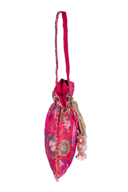 Fuchsia by aashaka mehta_Pink Embroidery, Tassels Silk Floral Woven Potli _Online_at_Aza_Fashions