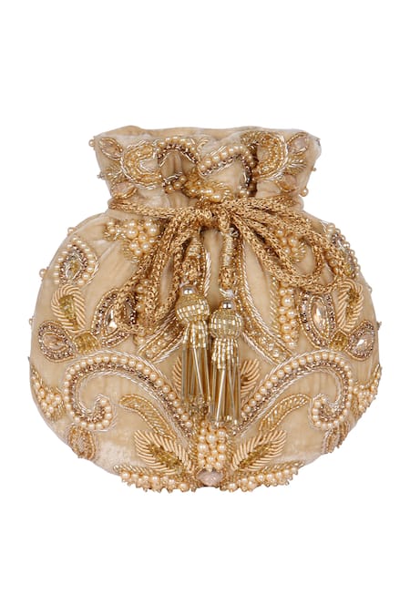 Fuchsia by aashaka mehta_Gold Embroidery, Beads Glitz Silk Zardozi Potli _Online_at_Aza_Fashions