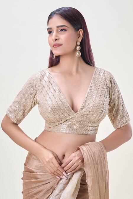 Buy Samyukta Singhania Gold Net Sequins, Zari Plunge Neck Stripe Embroidered Saree Blouse Online at Aza Fashions Buy_Samyukta Singhania_Gold Net Sequins, Zari Plunge Neck Stripe Embroidered Saree Blouse_Online_at_Aza_Fashions