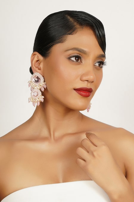 Bijoux By Priya Chandna Crystal Embellished Pearl Tassel Chandelier Earrings 