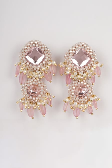 Shop_Bijoux By Priya Chandna_Pink Crystals, Pearls, Stones Embellished Tassel Chandelier Earrings _at_Aza_Fashions
