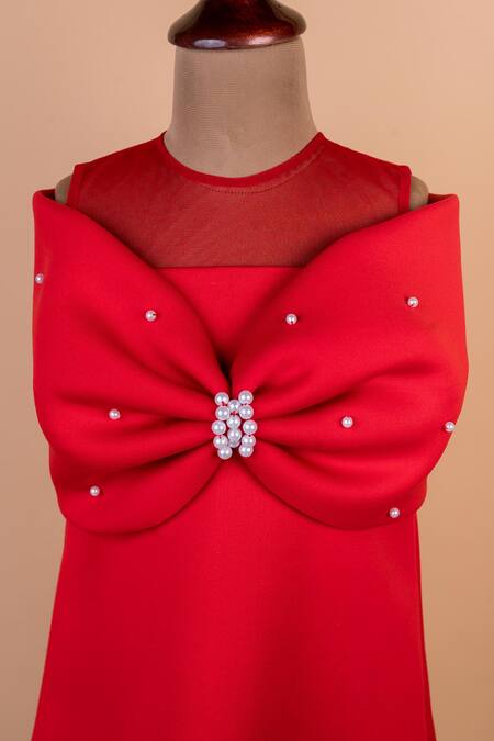 Toplove Red Cotton, Neoprene Pearls Embellished Dress Online at Aza Fashions Toplove_Red Cotton, Neoprene Pearls Embellished Dress _Online_at_Aza_Fashions