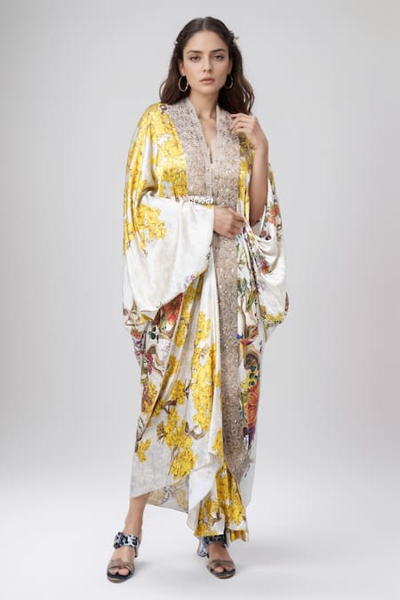 Anamika Khanna White Printed Floral V Neck Kaftan And Draped Skirt Set 