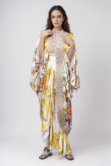 Anamika Khanna White Silk Embroidery V-neck Floral Print Kaftan And Draped Skirt Set Online at Aza Fashions Anamika Khanna_White Silk Embroidery V-neck Floral Print Kaftan And Draped Skirt Set_Online_at_Aza_Fashions