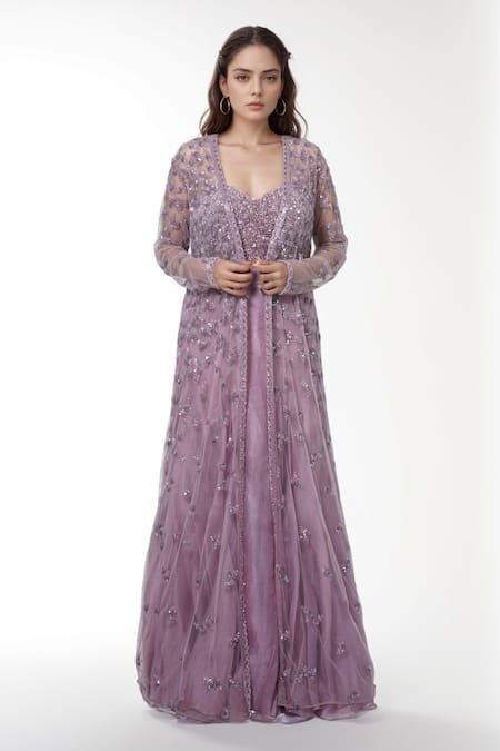 COUTURE BY NIHARIKA Purple Chiffon Cut Work, Embroidery Sweetheart Neck, Floral Jacket Lehenga Set Online at Aza Fashions COUTURE BY NIHARIKA_Purple Chiffon Cut Work, Embroidery Sweetheart Neck, Floral Jacket Lehenga Set _Online_at_Aza_Fashions