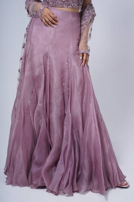 Shop_COUTURE BY NIHARIKA_Purple Chiffon Cut Work, Embroidery Sweetheart Neck, Floral Jacket Lehenga Set _Online_at_Aza_Fashions