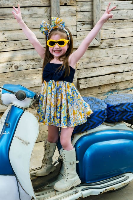 Shop Hoity Moppet Blue Silk, Satin Spritz Front Bow Detailed Dress at Aza Fashions Shop_Hoity Moppet_Blue Silk, Satin Spritz Front Bow Detailed Dress _at_Aza_Fashions