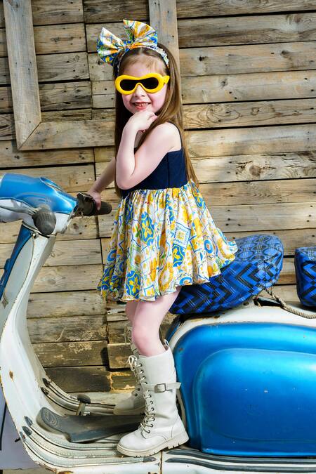 Shop Hoity Moppet Blue Silk, Satin Spritz Front Bow Detailed Dress Online at Aza Fashions Shop_Hoity Moppet_Blue Silk, Satin Spritz Front Bow Detailed Dress _Online_at_Aza_Fashions