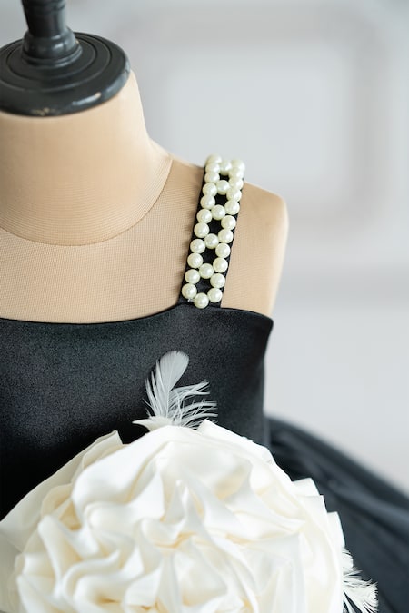 Ruchika Lath Label_Black Satin Pearls, Fabric Flowers Floral Applique Dress _Online_at_Aza_Fashions