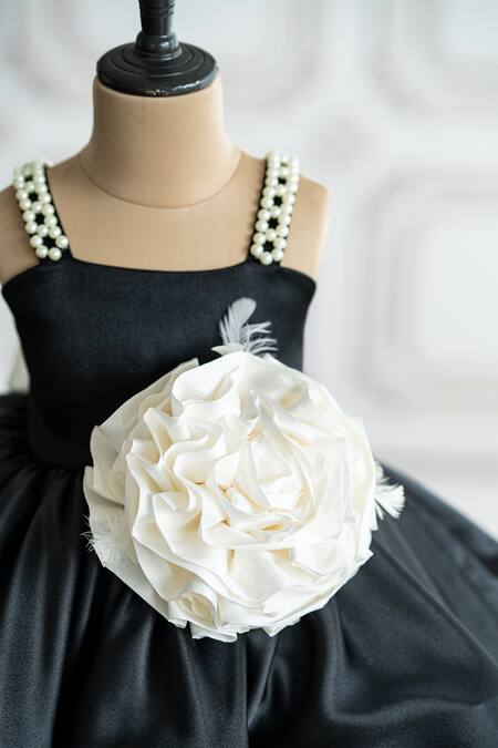 Buy_Ruchika Lath Label_Black Satin Pearls, Fabric Flowers Floral Applique Dress _Online_at_Aza_Fashions