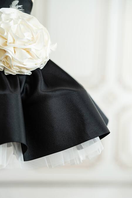 Shop_Ruchika Lath Label_Black Satin Pearls, Fabric Flowers Floral Applique Dress _Online_at_Aza_Fashions