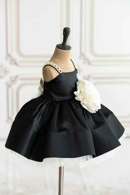 Buy_Ruchika Lath Label_Black Satin Pearls, Fabric Flowers Floral Applique Dress 