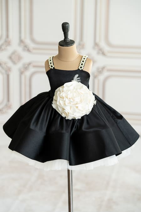 Shop_Ruchika Lath Label_Black Satin Pearls, Fabric Flowers Floral Applique Dress 
