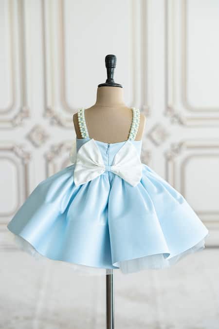 Shop_Ruchika Lath Label_Blue Brocade, Satin Fabric Flowers, Pearls Floral Applique Fit And Flare Dress _at_Aza_Fashions