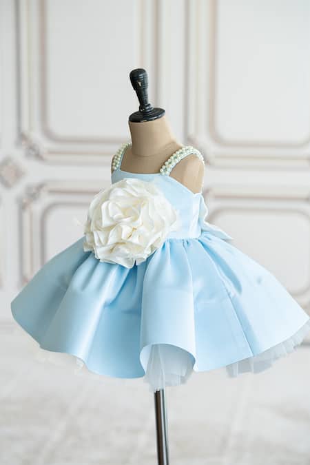 Buy_Ruchika Lath Label_Blue Brocade, Satin Fabric Flowers, Pearls Floral Applique Fit And Flare Dress _Online_at_Aza_Fashions