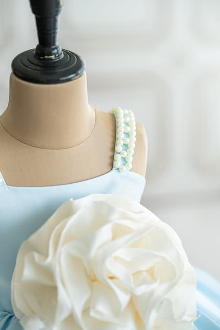 Shop_Ruchika Lath Label_Blue Brocade, Satin Fabric Flowers, Pearls Floral Applique Fit And Flare Dress _Online_at_Aza_Fashions