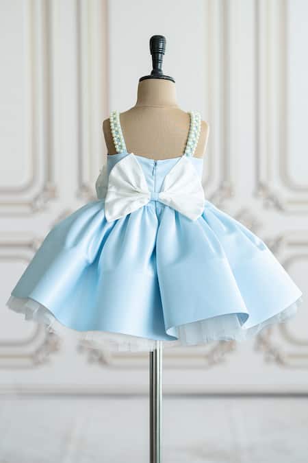 Ruchika Lath Label_Blue Brocade, Satin Fabric Flowers, Pearls Floral Applique Fit And Flare Dress _at_Aza_Fashions