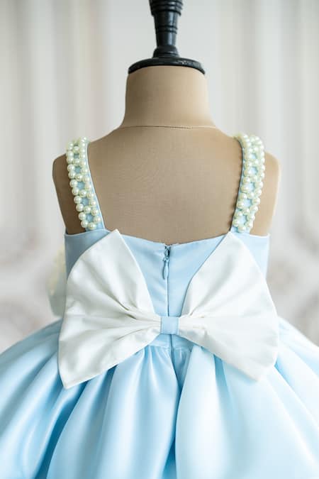 Buy_Ruchika Lath Label_Blue Brocade, Satin Fabric Flowers, Pearls Floral Applique Fit And Flare Dress 