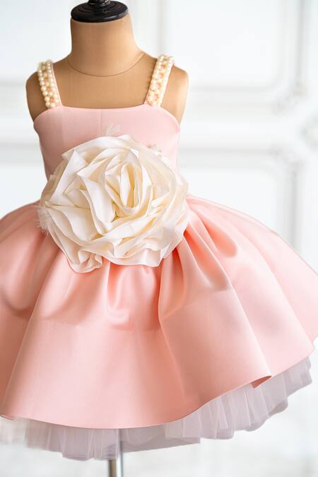 Shop Ruchika Lath Label Peach Brocade, Satin Beads, Fabric Flowers Sleeveless Floral Applique Dress Online at Aza Fashions Shop_Ruchika Lath Label_Peach Brocade, Satin Beads, Fabric Flowers Sleeveless Floral Applique Dress _Online_at_Aza_Fashions