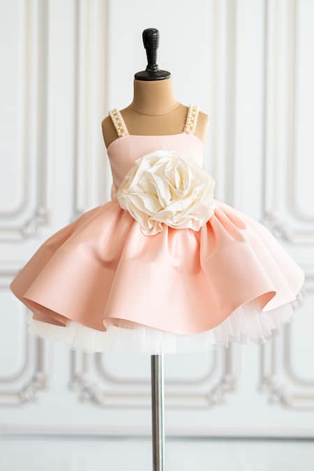 Ruchika Lath Label Peach Brocade, Satin Beads, Fabric Flowers Sleeveless Floral Applique Dress at Aza Fashions Ruchika Lath Label_Peach Brocade, Satin Beads, Fabric Flowers Sleeveless Floral Applique Dress _at_Aza_Fashions