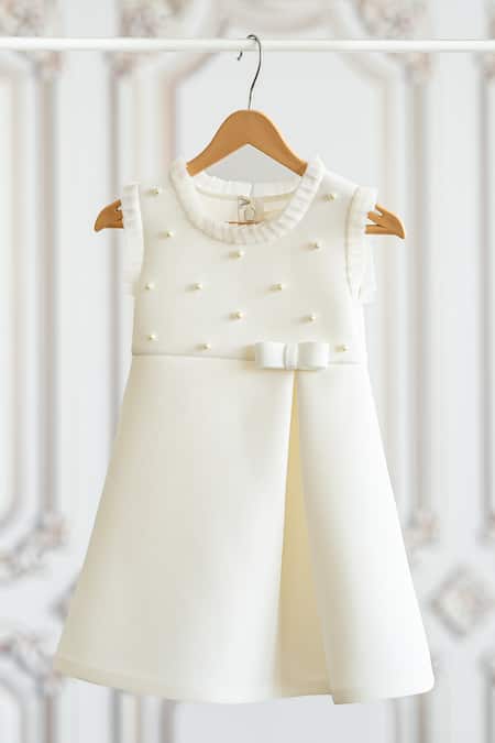 Shop Ruchika Lath Label Off White Neoprene, Polyester Pearls Applique Dress Online at Aza Fashions Shop_Ruchika Lath Label_Off White Neoprene, Polyester Pearls Applique Dress _Online_at_Aza_Fashions