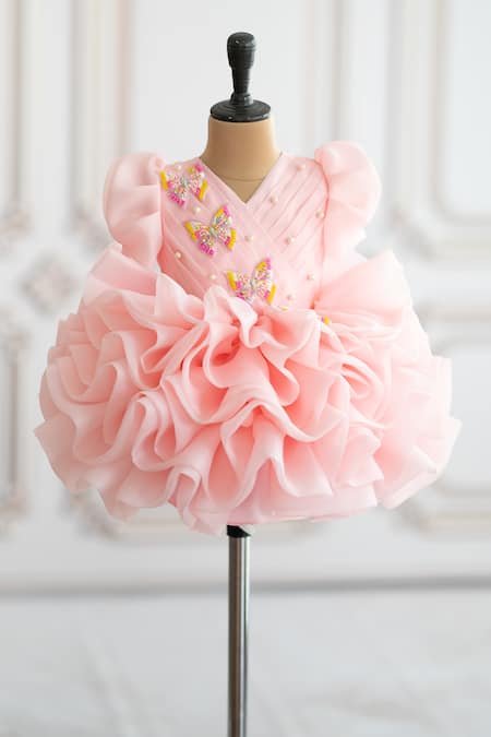 Shop Ruchika Lath Label Pink Organza, Crepe Beads, Pearls Butterfly Hand Embroidered Dress at Aza Fashions Shop_Ruchika Lath Label_Pink Organza, Crepe Beads, Pearls Butterfly Hand Embroidered Dress _at_Aza_Fashions