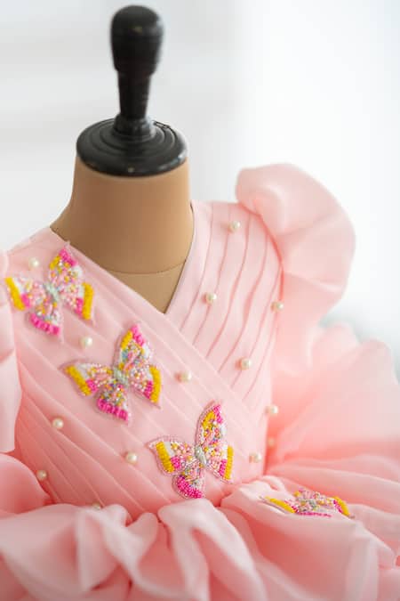 Ruchika Lath Label Pink Organza, Crepe Beads, Pearls Butterfly Hand Embroidered Dress Online at Aza Fashions Ruchika Lath Label_Pink Organza, Crepe Beads, Pearls Butterfly Hand Embroidered Dress _Online_at_Aza_Fashions