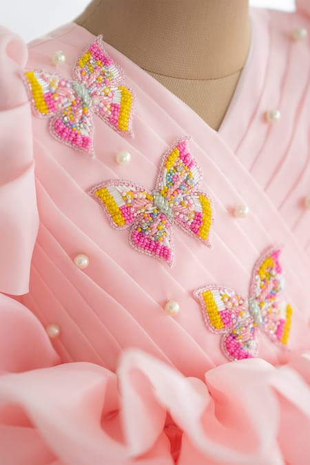 Shop Ruchika Lath Label Pink Organza, Crepe Beads, Pearls Butterfly Hand Embroidered Dress Online at Aza Fashions Shop_Ruchika Lath Label_Pink Organza, Crepe Beads, Pearls Butterfly Hand Embroidered Dress _Online_at_Aza_Fashions