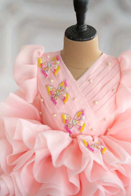 Buy Ruchika Lath Label Pink Organza, Crepe Beads, Pearls Butterfly Hand Embroidered Dress Buy_Ruchika Lath Label_Pink Organza, Crepe Beads, Pearls Butterfly Hand Embroidered Dress