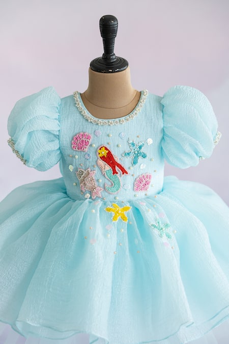 Ruchika Lath Label Blue Silk Organza, Crepe Embroidery, Sequins Hand Mermaid Motif Dress Online at Aza Fashions Ruchika Lath Label_Blue Silk Organza, Crepe Embroidery, Sequins Hand Mermaid Motif Dress _Online_at_Aza_Fashions